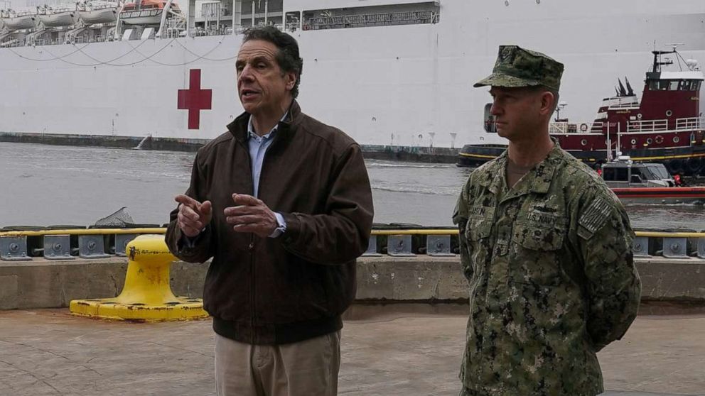 PHOTO: New York governor Andrew Cuomo speaks as the USNS Comfort pulls into a berth in Manhattan during the outbreak of coronavirus disease (COVID-19), in New York, March 30, 2020.