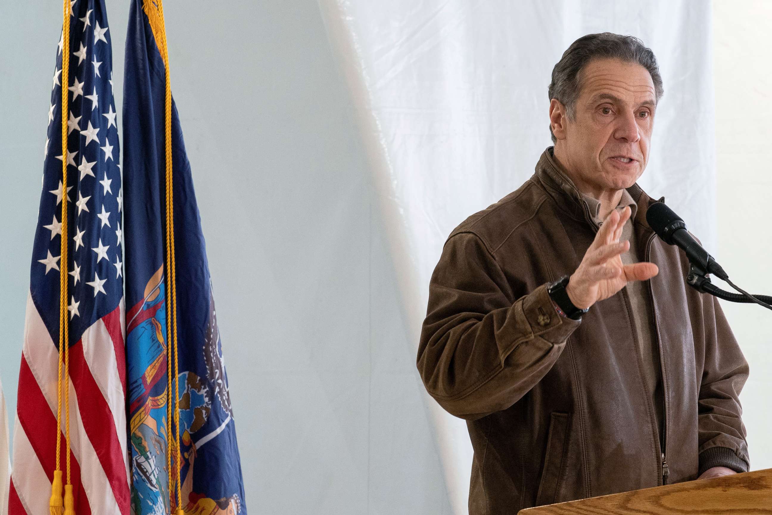 PHOTO: New York Gov. Andrew Cuomo speaks to reporters during a news conference in Brooklyn, N.Y., Jan. 23, 2021.