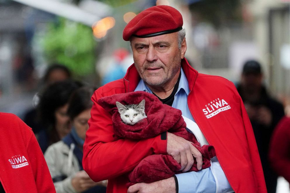PHOTO: Republican candidate for New York City Mayor Curtis Sliwa holds his cat Gizmo as he arrives to vote on Election Day in the Manhattan borough of New York City, Nov. 2, 2021.