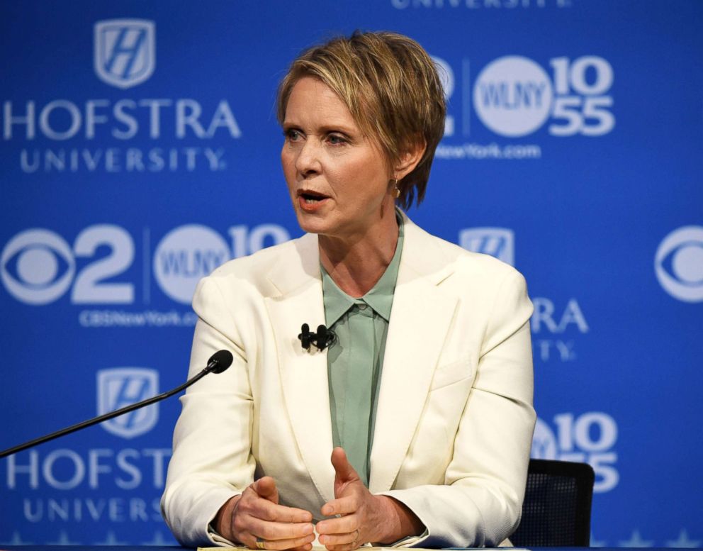 PHOTO: Cynthia Nixon speaks at the Democratic gubernatorial primary debate, Aug. 29, 2018, at Hofstra University in Hempstead, N.Y.