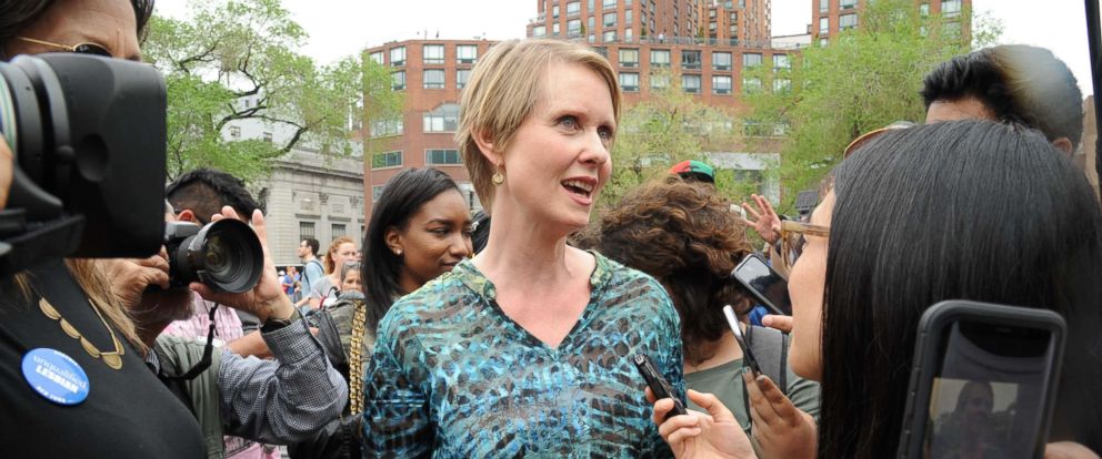 PHOTO: Gubernatorial candidate for New York, Cynthia Nixon, addresses the Cannabis Rally in Union Square in Manhattan where she stated her affirmative position on the legalization of marijuana, May 5, 2018, in New York City.