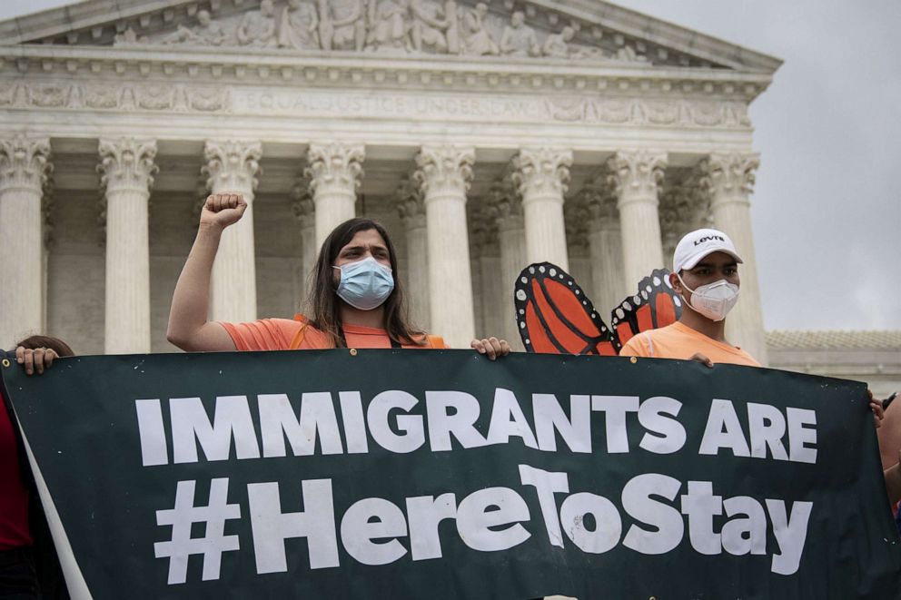 PHOTO: DACA recipients and their supporters rally outside the U.S. Supreme Court on June 18, 2020, in Washington, DC.