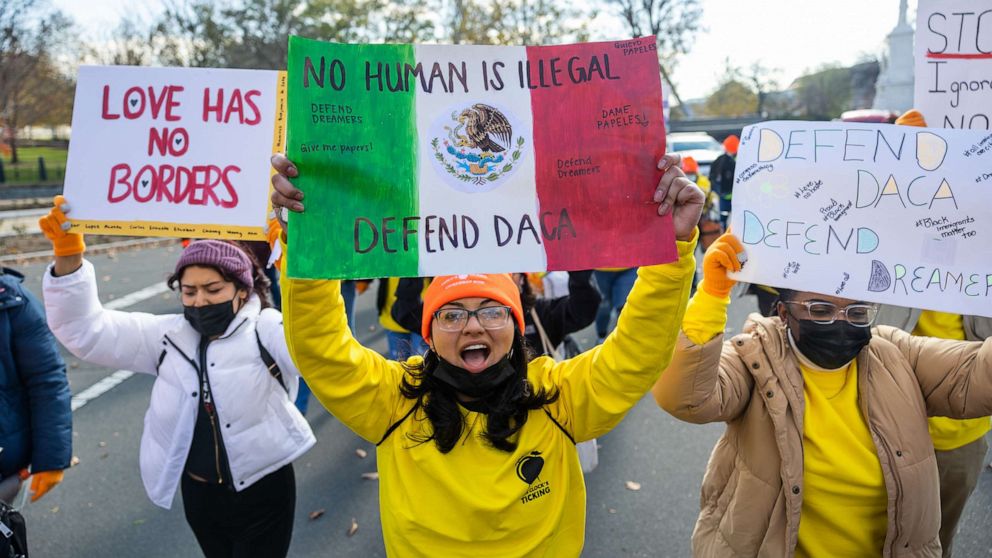 PHOTO: Pro-DACA protesters march in front of the US Capitol Building demanding a path to citizenship on November 17, 2022 in Washington, DC