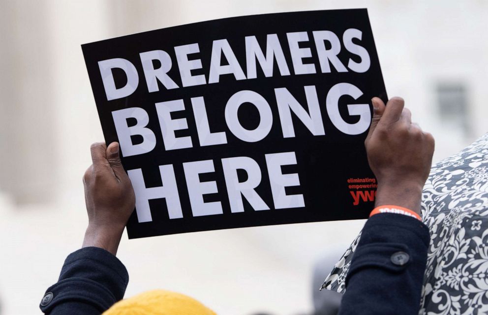 PHOTO: In this file photo immigration rights activists hold a rally in front of the US Supreme Court in Washington, D.C., Nov. 12, 2019, as the Court hears arguments about ending the Obama-era DACA (Deferred Action for Childhood Arrivals) program.