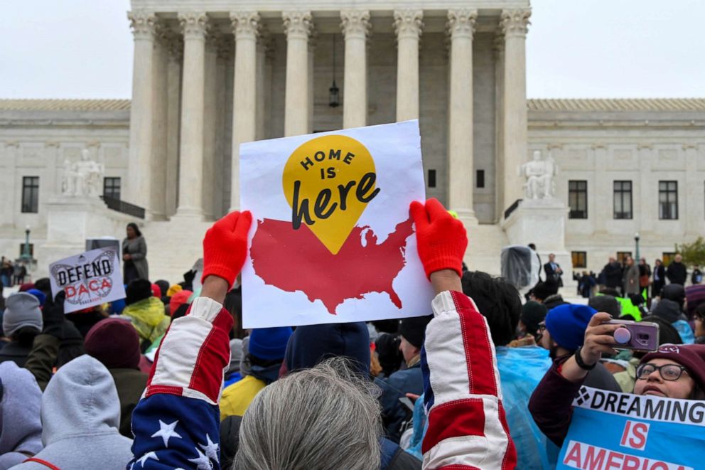 PHOTO:Demonstrators gather in front of the United States Supreme Court, where the Court is hearing arguments on Deferred Action for Childhood Arrivals in Washington, Nov. 12, 2019.
