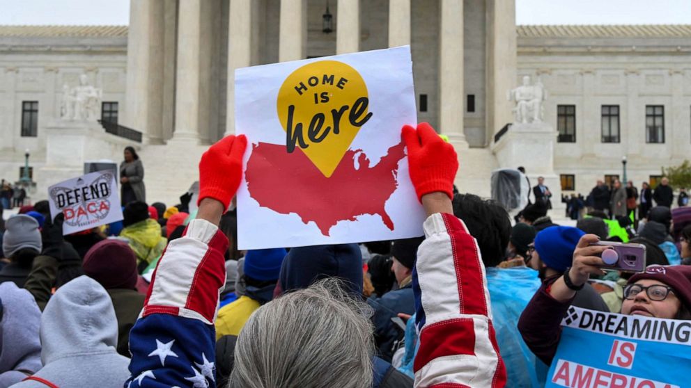 PHOTO: Demonstrators gather in front of the United States Supreme Court, where the Court is hearing arguments on Deferred Action for Childhood Arrivals in Washington, Nov. 12, 2019.