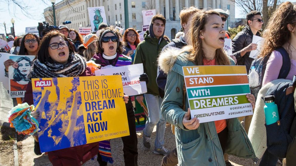 Deferred Action for Childhood Arrivals (DACA) recipients and other young immigrants march with supporters as they arrive at the Capitol in Washington D.C., on March 5, 2018.