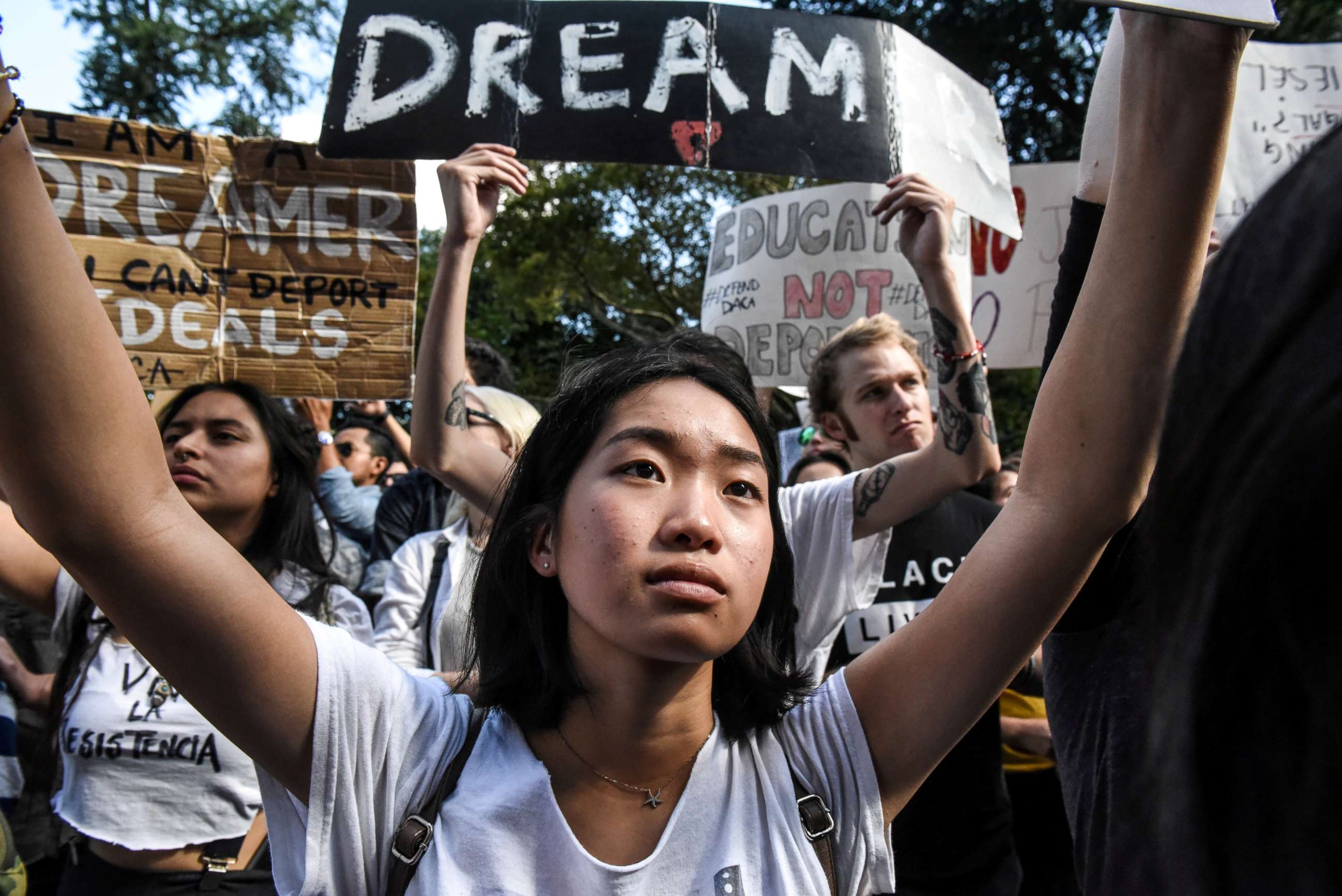 PHOTO: People participate in a protest in defense of the Deferred Action for Childhood Arrivals program or DACA in New York, NY, Sept. 9, 2017.