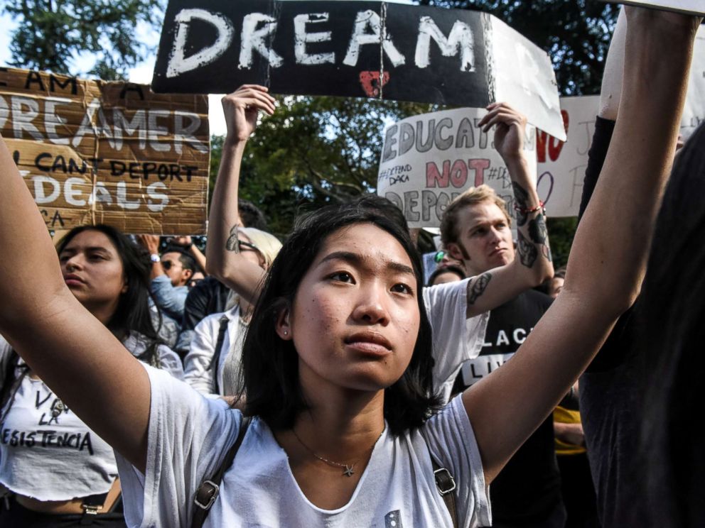 PHOTO: People participate in a protest in defense of the Deferred Action for Childhood Arrivals program or DACA in New York, NY, Sept. 9, 2017.