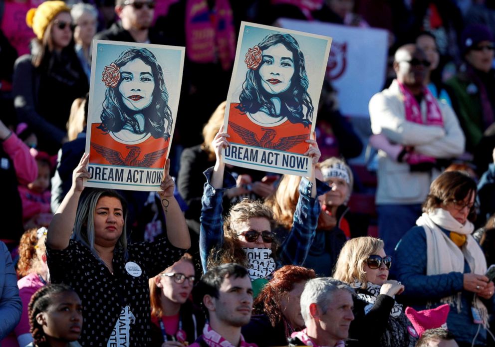 PHOTO: Supporters of Deferred Action for Childhood Arrivals (DACA) hold signs during the Women's March rally in Las Vegas, Jan. 21, 2018.