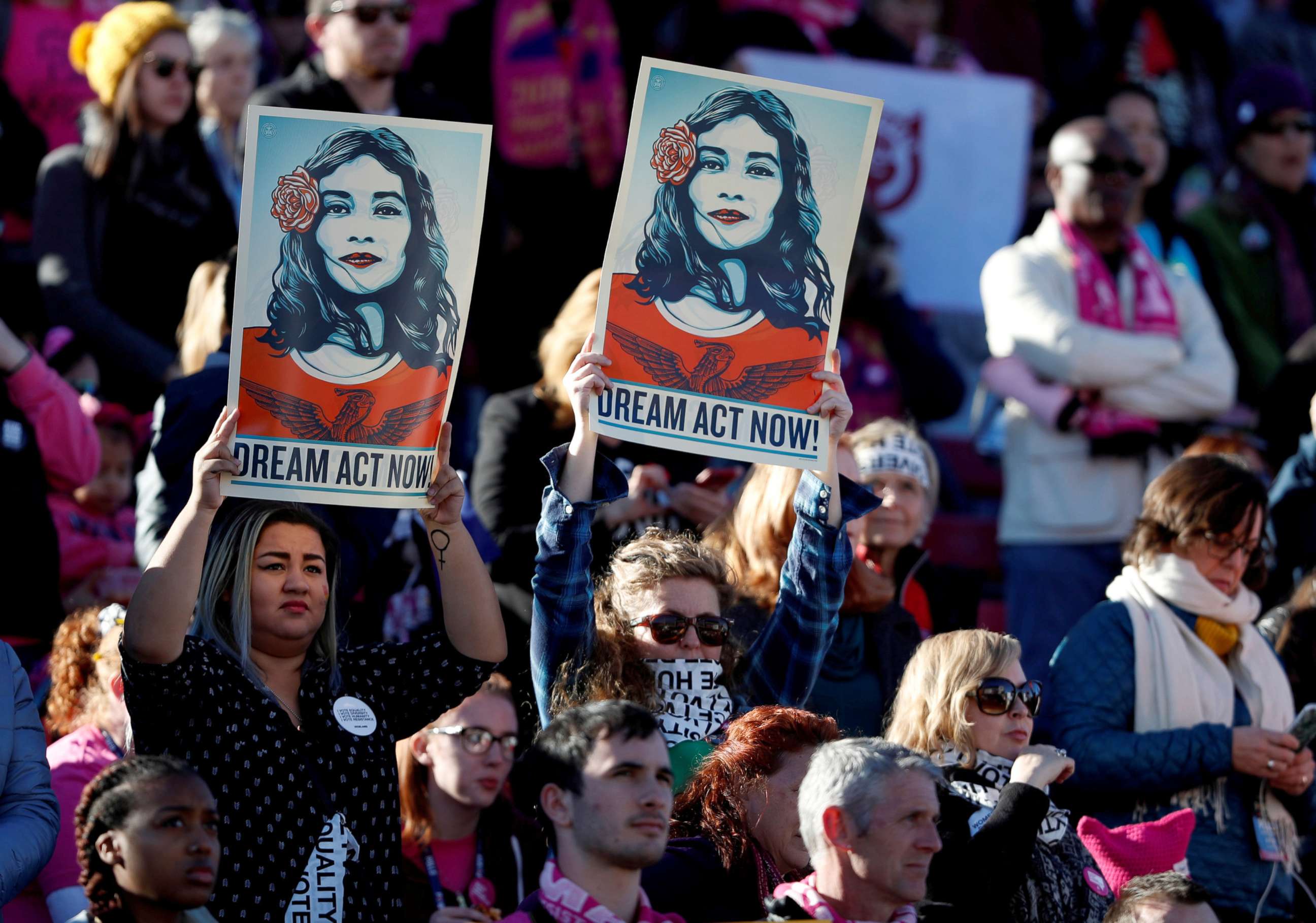 PHOTO: Supporters of Deferred Action for Childhood Arrivals hold signs during the Women's March rally in Las Vegas, Jan. 21, 2018.