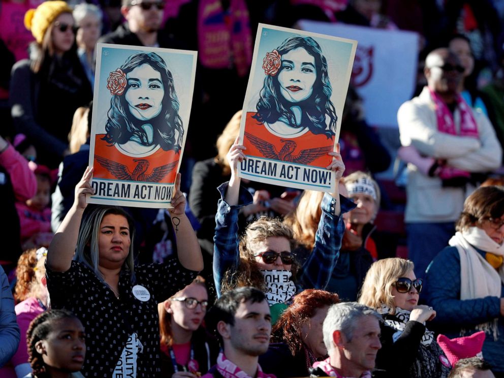 PHOTO: Supporters of Deferred Action for Childhood Arrivals hold signs during the Womens March rally in Las Vegas, Jan. 21, 2018.