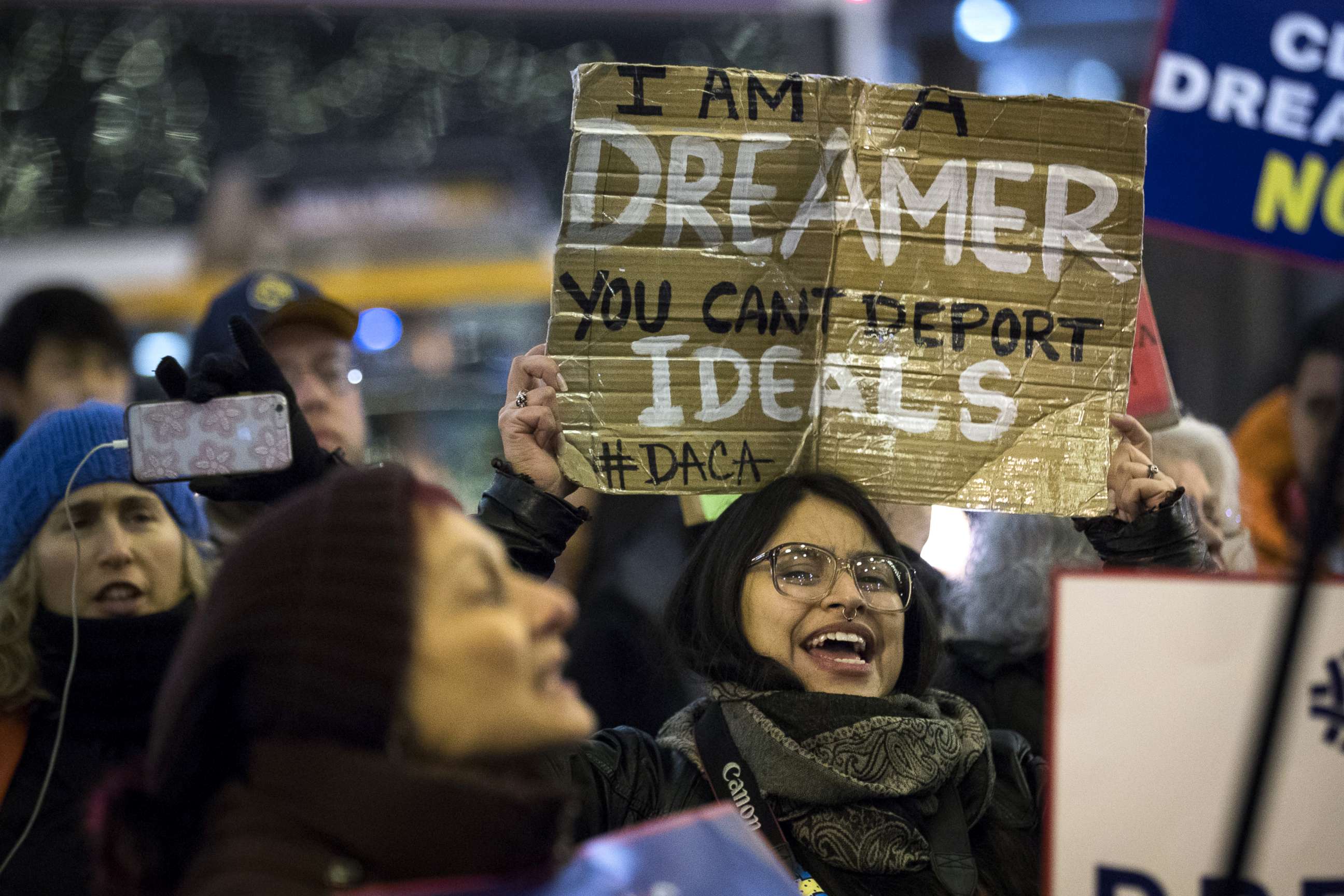 PHOTO: Activists rally for the passage of a "clean" Dream Act, one without additional security or enforcement measures, outside the New York office of Sen. Chuck Schumer, Jan. 10, 2018, in New York City.