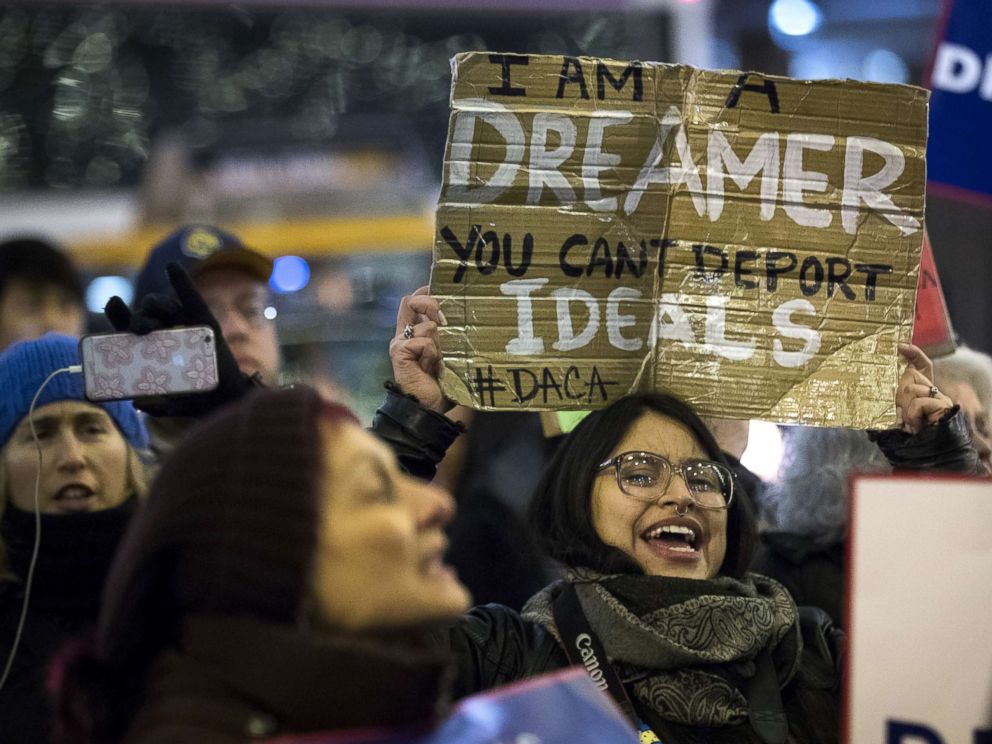 PHOTO: Activists rally for the passage of a clean Dream Act, one without additional security or enforcement measures, outside the New York office of Sen. Chuck Schumer, Jan. 10, 2018, in New York City.