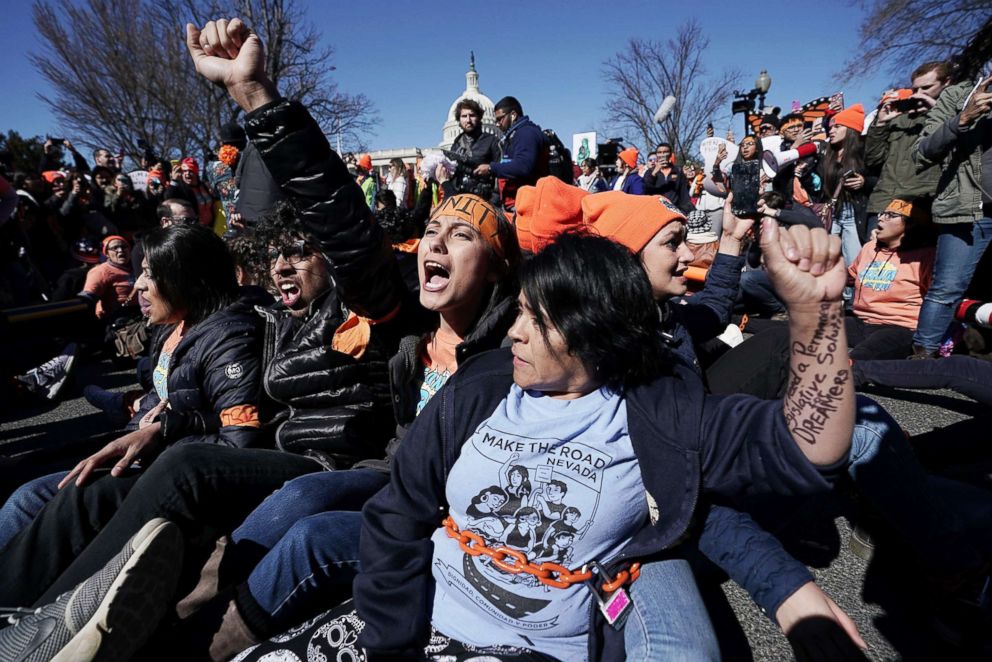 PHOTO: Immigration activists chain themselves together on March 5, 2018, on Capitol Hill.