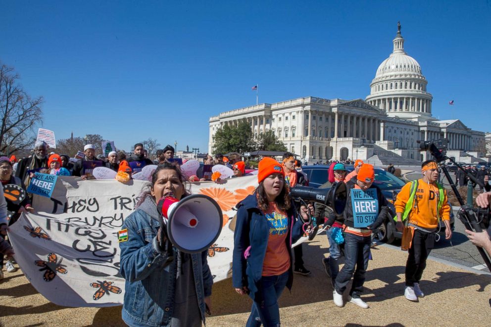 PHOTO: Pro DACA and Dreamer supporters march at the US Capital, March 5, 2018, in Washington.
