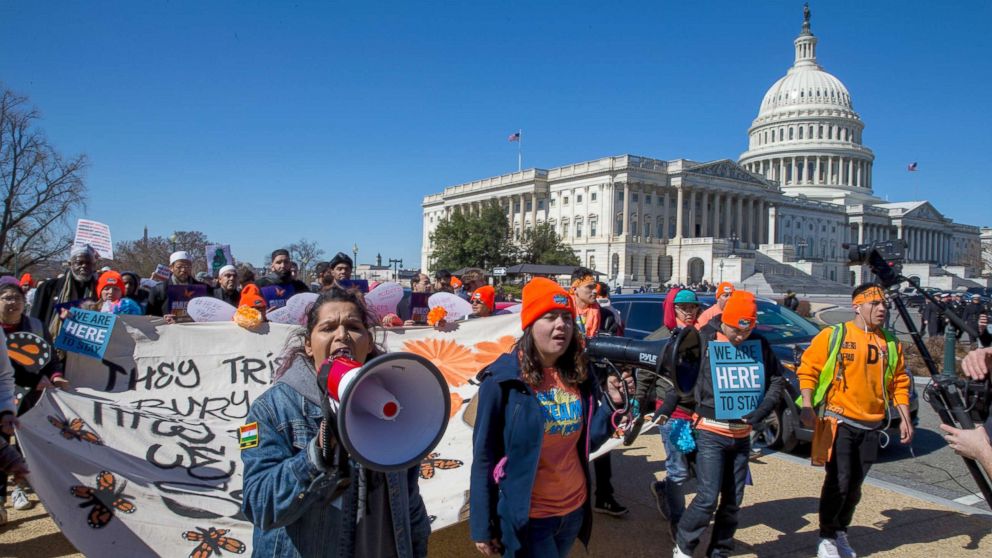 Pro DACA and Dreamer supporters march at the US Capital, March 5, 2018, in Washington.