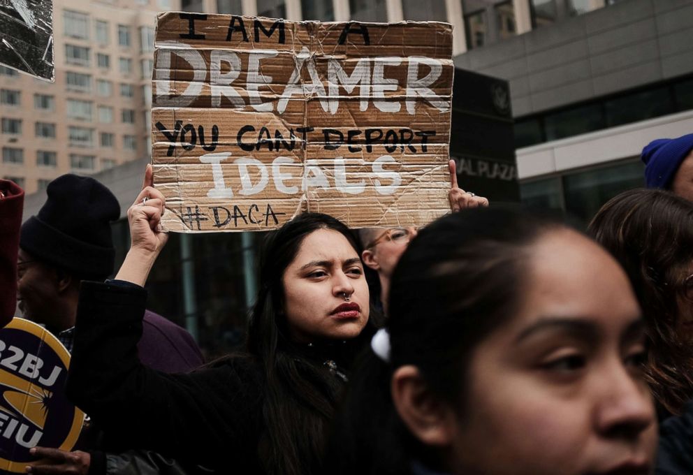 PHOTO: Demonstrators, many of them recent immigrants to America, protest the government shutdown and the lack of a deal on Deferred Action for Childhood Arrivals (DACA) outside of Federal Plaza, Jan. 22, 2018 in New York City.