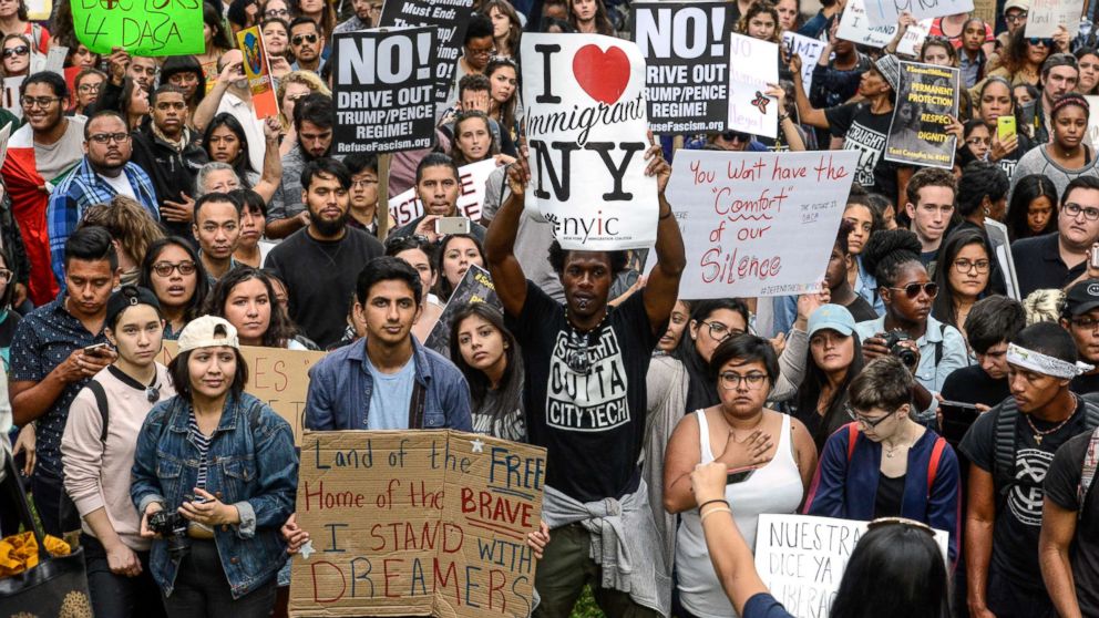 People participate in a protest in defense of the Deferred Action for Childhood Arrivals program or DACA in New York, Sept, 9, 2017. 