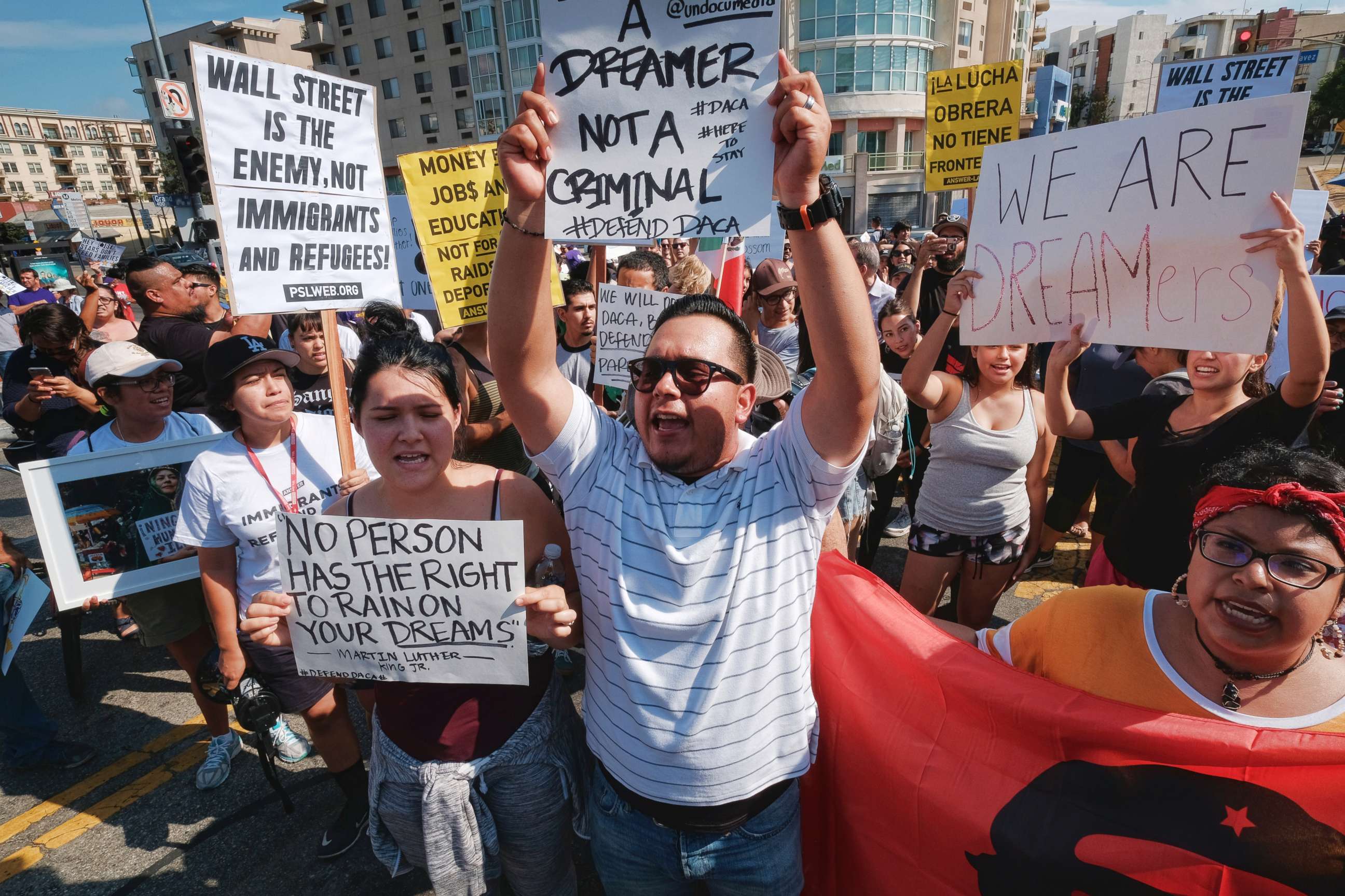 PHOTO: Protestors rally in support of the Deferred Action for Childhood Arrivals, or DACA, during a Labor Day rally in downtown Los Angeles, Sept. 4, 2017. 