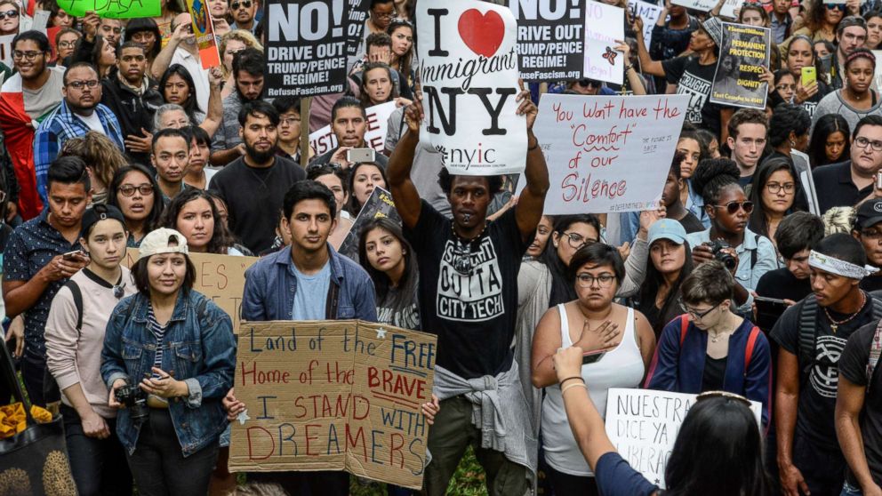 People participate in a protest in defense of the Deferred Action for Childhood Arrivals (DACA) program in New York, Sept. 9, 2017. 
