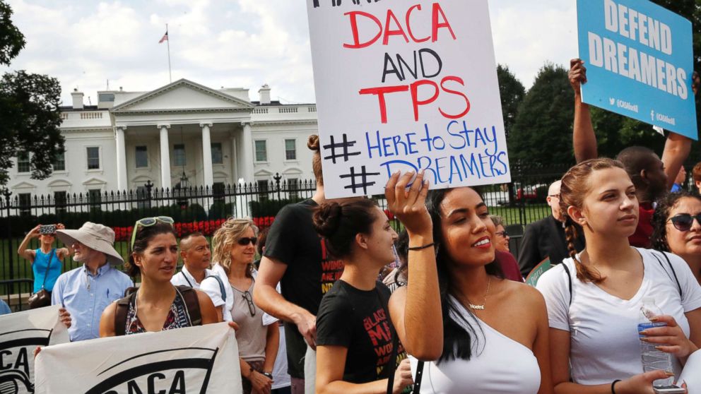 PHOTO: Yurexi Quinones, 24, of Manassas, Va., who is studying social work and a recipient of Deferred Action for Childhood Arrivals, known as DACA, rallies next to Ana Rice, 18, of Manassas, Va., in support of DACA, in Washington, Sept. 5, 2017. 