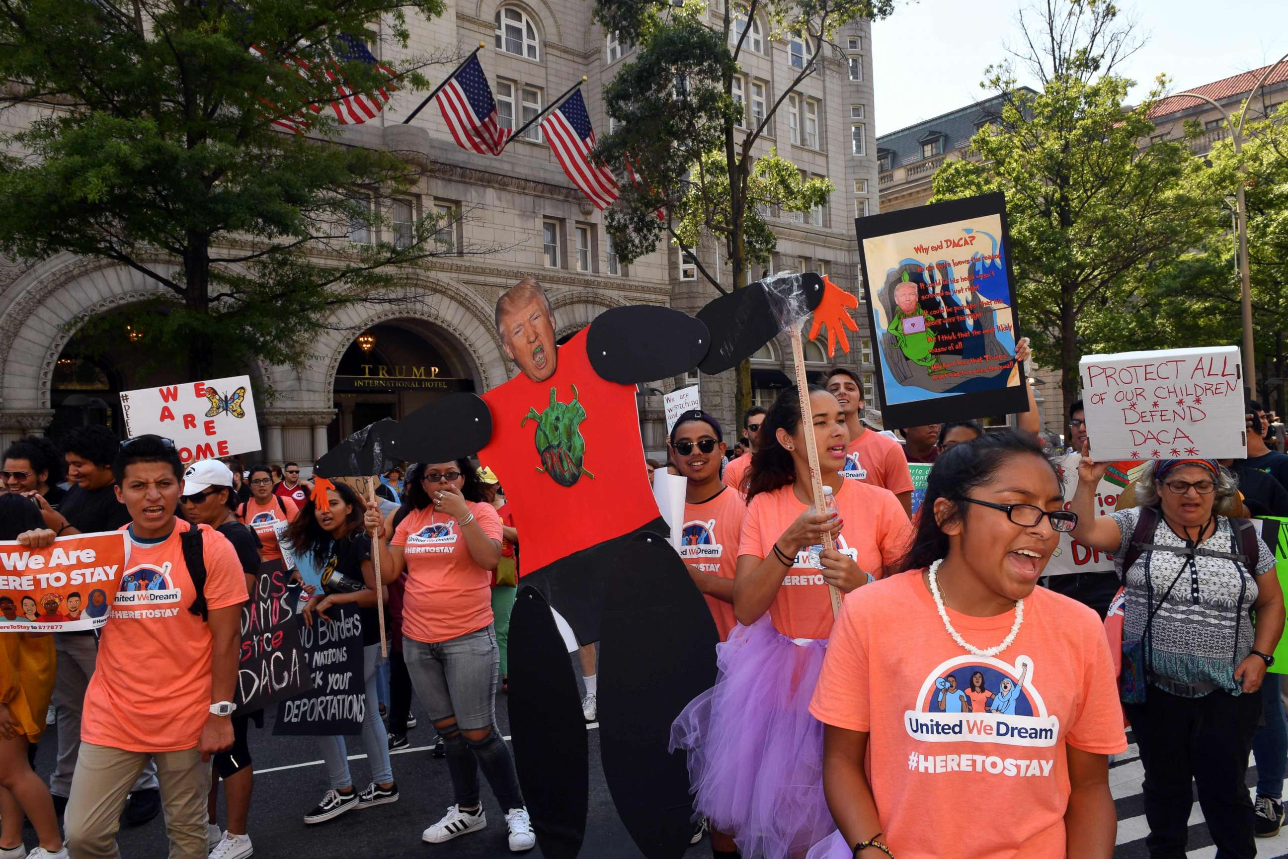 PHOTO: Immigrants and supporters demonstrate during a rally in support of the Deferred Action for Childhood Arrivals (DACA) program in front of the Trump International Hotel, on Sept. 5, 2017, in Washington.