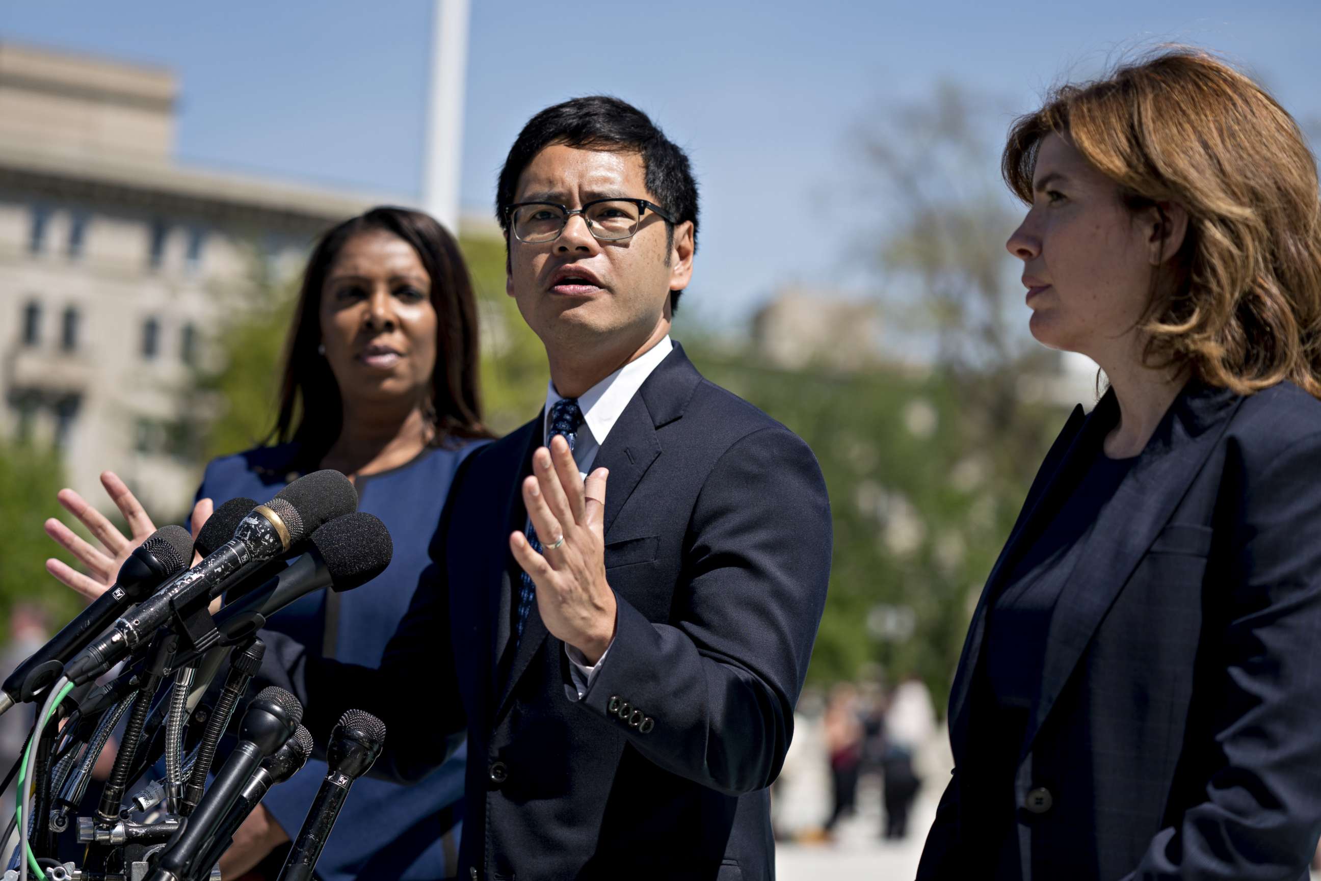 PHOTO: Dale Ho, director of the American Civil Liberties Union (ACLU) voting rights project, speaks to members of the media outside the Supreme Court after oral arguments in the Department of Commerce v. New York, 18-966, case, April 23, 2019. 