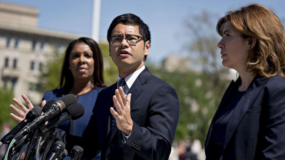 PHOTO: Dale Ho, director of the American Civil Liberties Union (ACLU) voting rights project, speaks to members of the media outside the Supreme Court after oral arguments in the Department of Commerce v. New York, 18-966, case, April 23, 2019. 