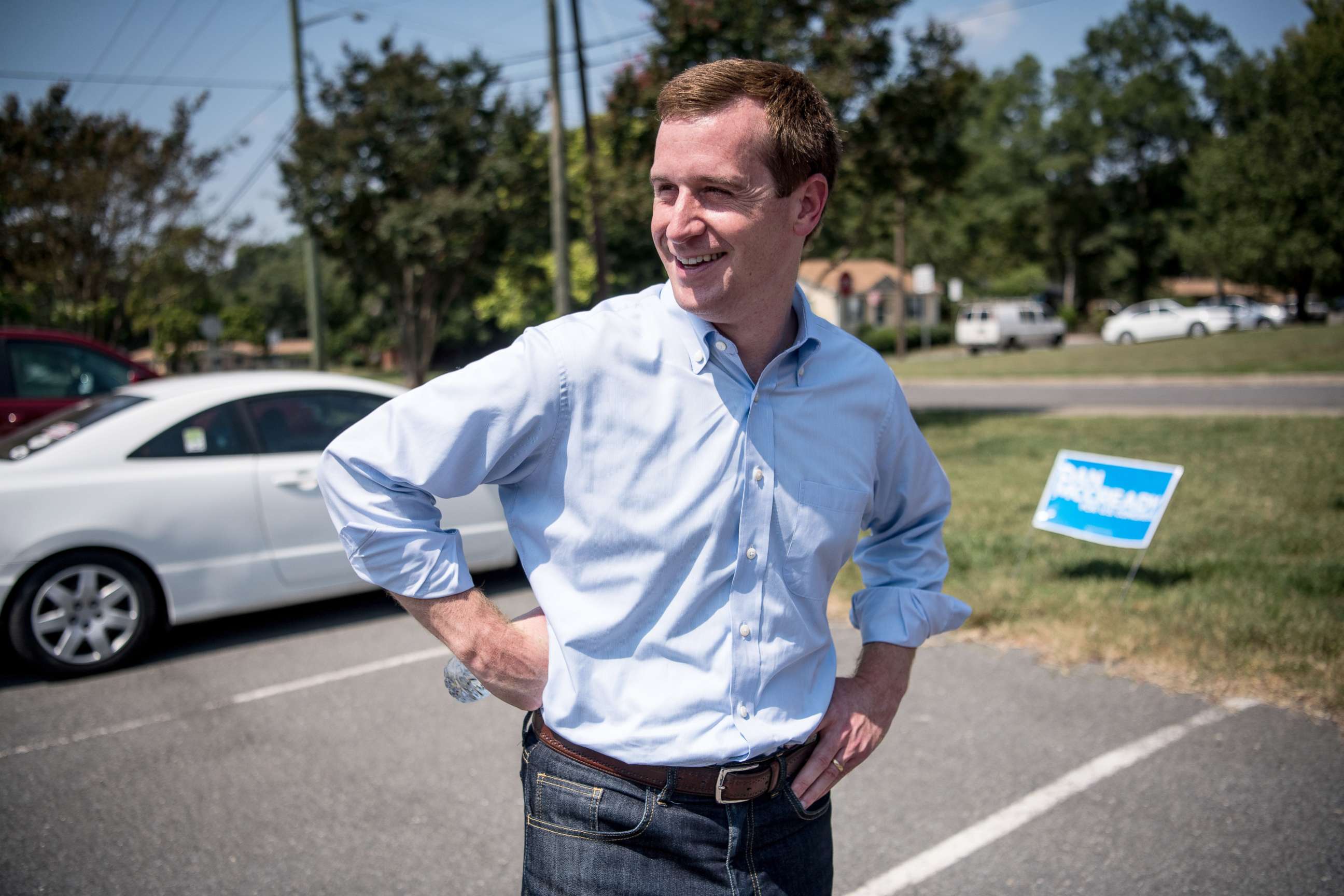 PHOTO: Dan McCready waits to greet voters outside of a polling station during the special election against Republican Dan Bishop, Sept. 10, 2019, in Monroe, North Carolina.