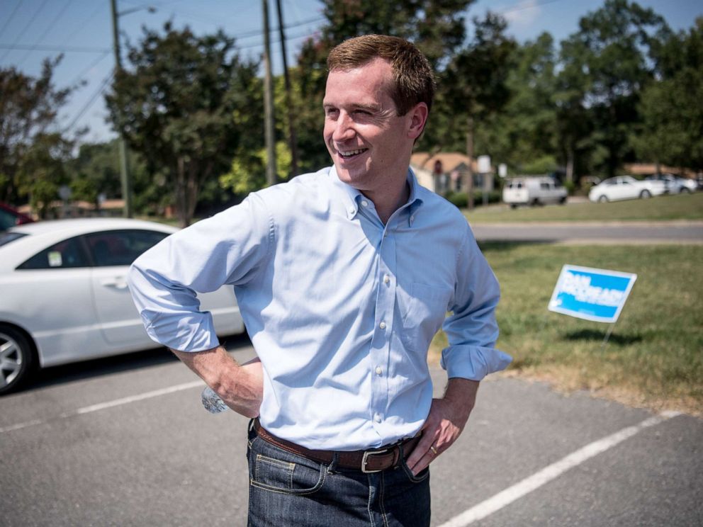 PHOTO: Dan McCready waits to greet voters outside of a polling station during the special election against Republican Dan Bishop, Sept. 10, 2019, in Monroe, North Carolina.