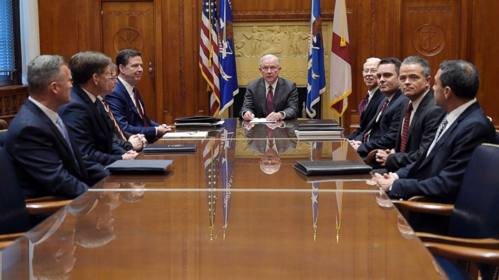 PHOTO: Acting Deputy Attorney General Dana Boente (right) sits next  to Attorney General Jeff Sessions during a meeting of the heads of federal law enforcement components at the Department of Justice in Washington, Feb. 9, 2017. 