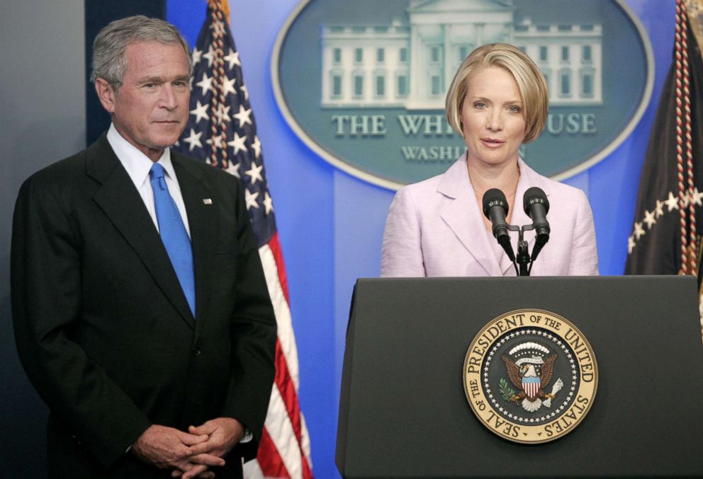 PHOTO: President George W. Bush listens as White House press secretary Dana Perino speaks, after current Tony Snow submitted his resignation, in the Brady Briefing Room at the White House, Aug. 31, 2007.