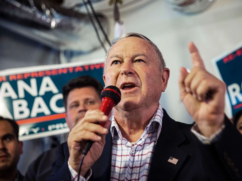 PHOTO: Dana Rohrabacher addresses supporters at Rohrabacher Campaign Headquarters, June 5, 2018 in Costa Mesa, Calif.