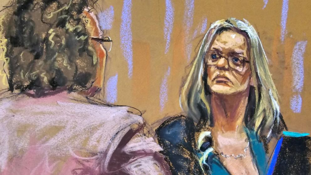 PHOTO: Stormy Daniels is questioned by defense attorney Susan Necheles during former President Donald Trump's criminal trial in Manhattan state court in New York City, May 9, 2024 in this courtroom sketch.