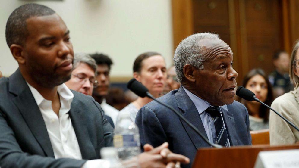 PHOTO: Danny Glover, right, and author Ta-Nehisi Coates, left, testify about reparation for the descendants of slaves during a hearing before the House Judiciary Subcommittee at the Capitol in Washington, June 19, 2019.
