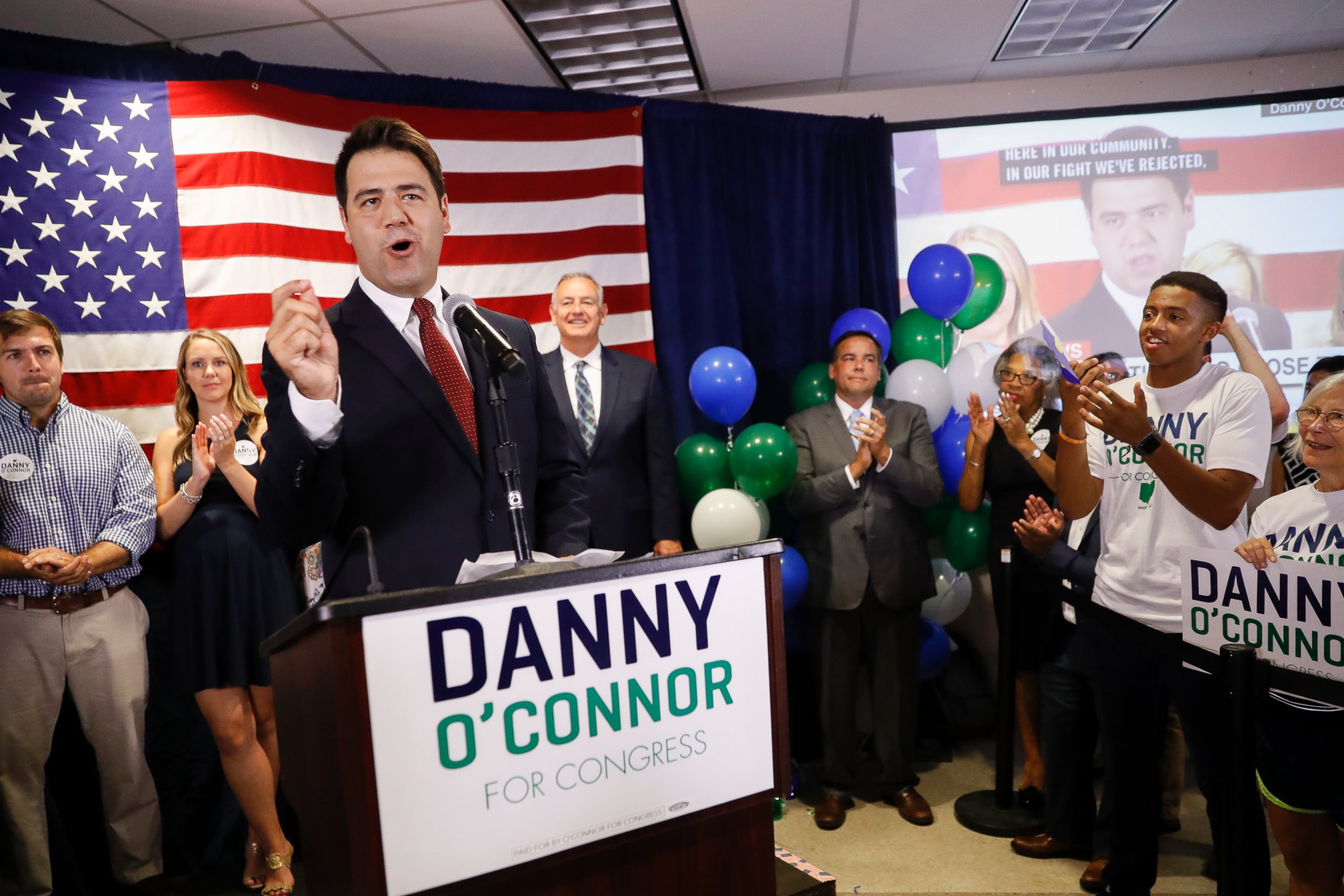 Danny O'Connor, the Franklin County recorder, speaks during an election night watch party at the Ohio Civil Service Employees Association, Tuesday, Aug. 7, 2018, in Westerville, Ohio.