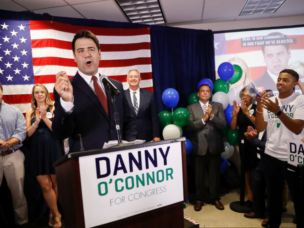 Danny OConnor, the Franklin County recorder, speaks during an election night watch party at the Ohio Civil Service Employees Association, Tuesday, Aug. 7, 2018, in Westerville, Ohio.