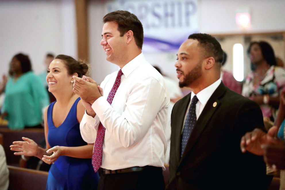 PHOTO: Ohio Democratic congressional candidate Danny O'Connor (C) makes a campaign stop at Oasis Church on Aug. 5, 2018, in Mansfield, Ohio.