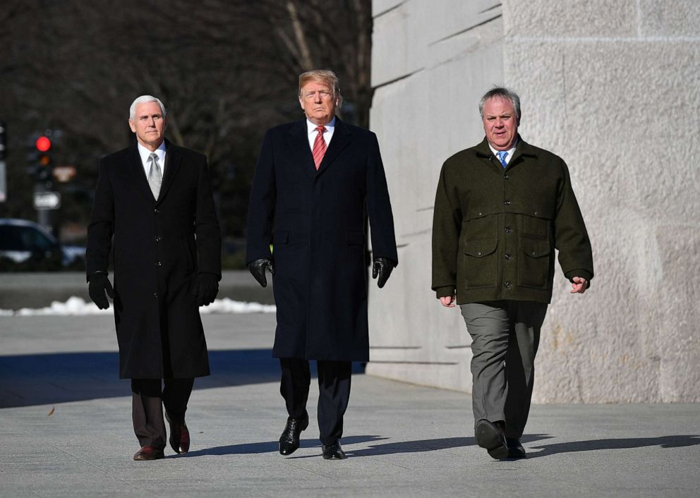 PHOTO: President Donald Trump, Vice President Mike Pence and acting Interior Secretary David Bernhardt visit the Martin Luther King Jr. Memorial in Washington, Jan. 21, 2019.