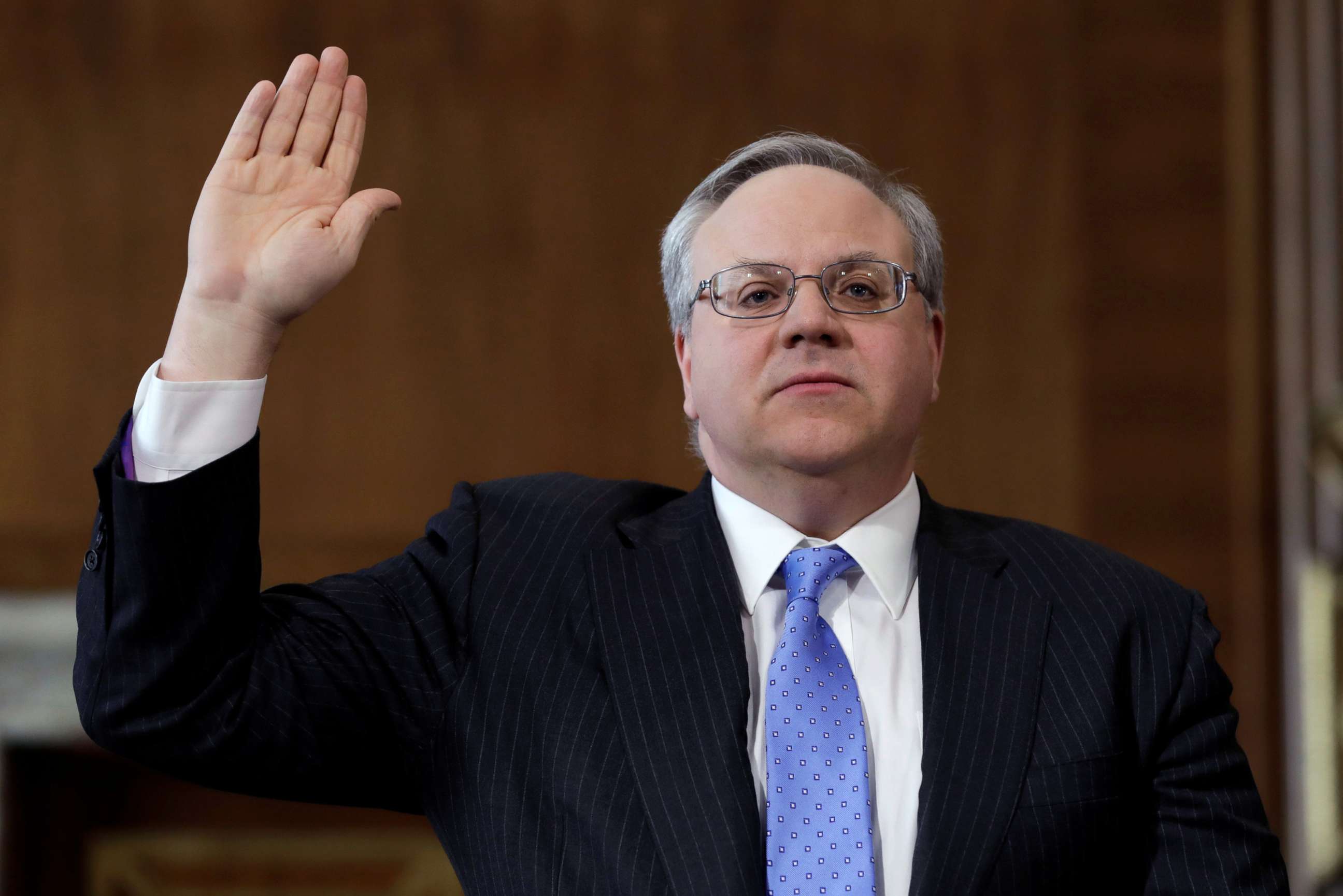 PHOTO: Former energy lobbyist David Bernhardt is sworn in before a Senate Energy and Natural Resources Committee hearing on his nomination of to be Interior secretary, on Capitol Hill in Washington, D.C.,  March 28, 2019.