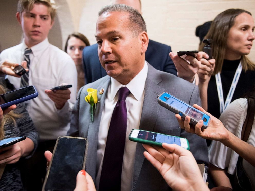 PHOTO: Rep. David Cicilline speaks with reporters as he leaves the House Democratic caucus meeting in the Capitol on May 21, 2019.