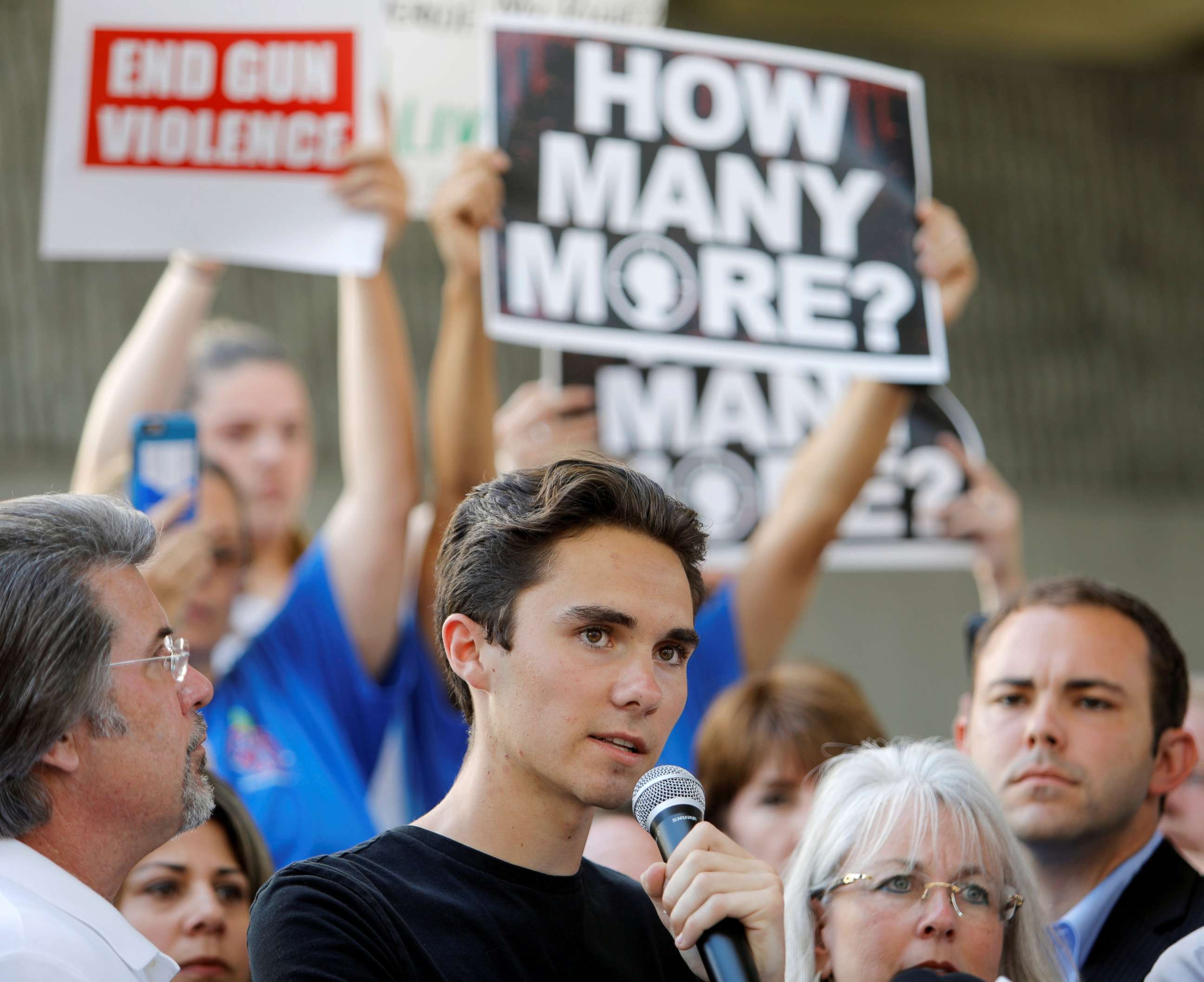 PHOTO: David Hogg, a senior at Marjory Stoneman Douglas High School, speaks at a rally calling for more gun control three days after the shooting at his school, in Fort Lauderdale, Fla., Feb. 17, 2018.