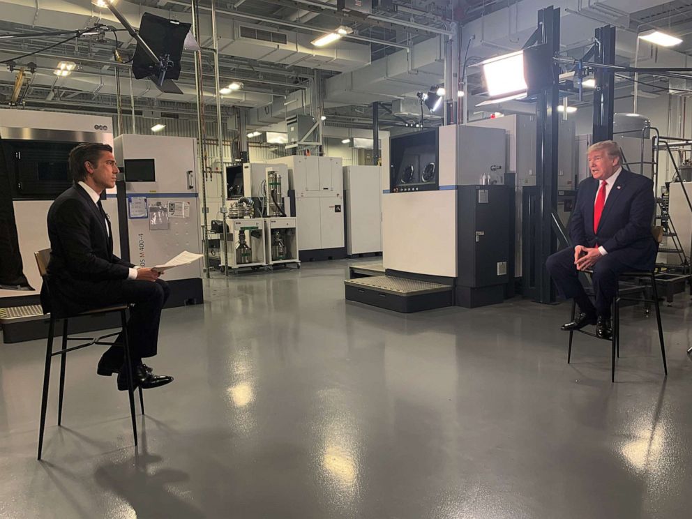 PHOTO: President Donald Trump speaks with ABC News' David Muire in Phoenix on May 5, 2020.