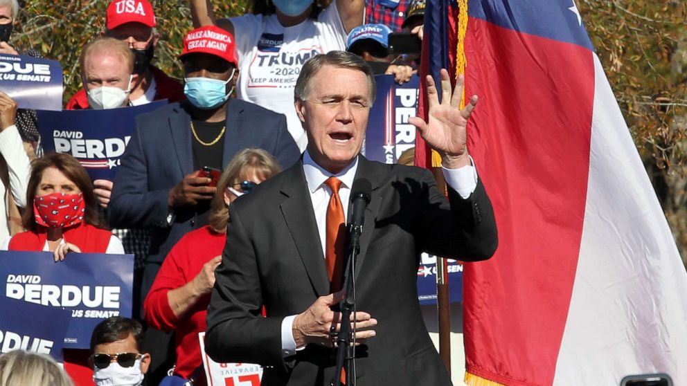 PHOTO: Senator David Perdue speaks during a Senate runoff election campaign rally in Canton, Ga., Nov. 20, 2020.