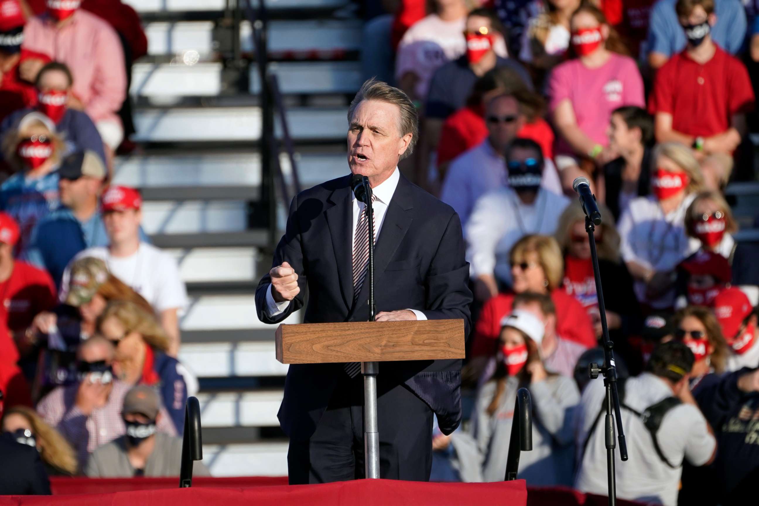 PHOTO: Sen. David Perdue, R-Ga., speaks during a campaign rally for President Donald Trump at Middle Georgia Regional Airport, Friday, Oct. 16, 2020, in Macon, Ga. 