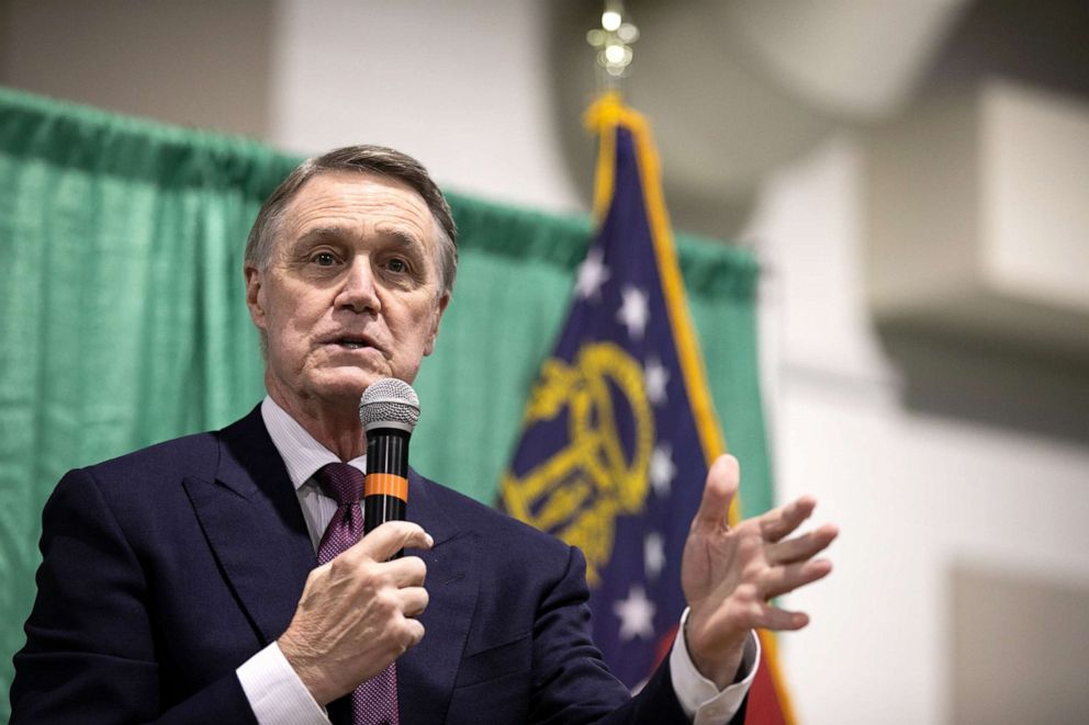 PHOTO: U.S. Sen. David Purdue speaks to supporters during a "Defend the Majority" rally on Nov. 19, 2020 in Perry, Ga.