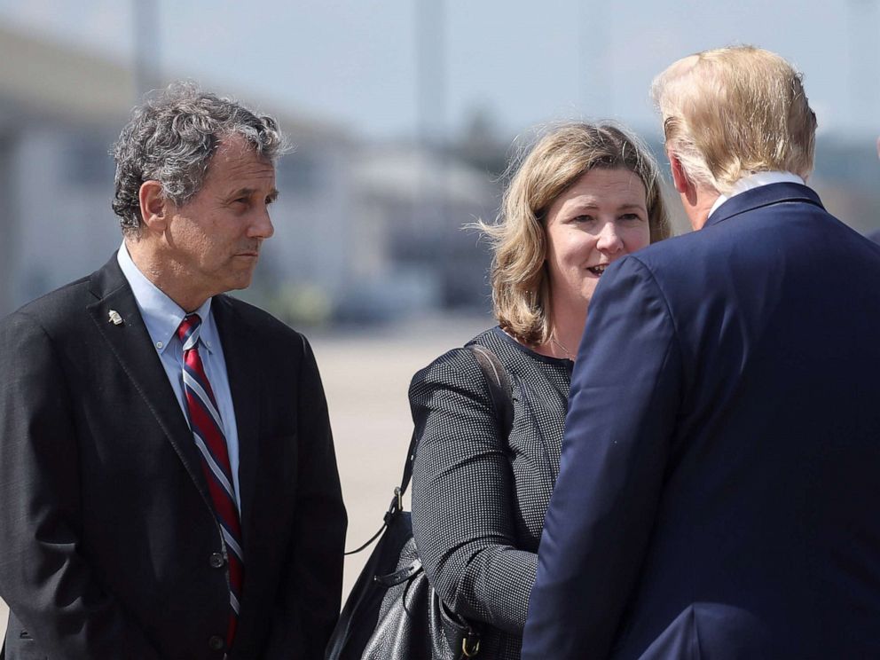 PHOTO: President Donald Trump is greeted by Dayton, Ohio, Mayor Nan Whaley as
Sen. Sherrod Brown waits at left, as Trump arrived at Wright-Patterson Air Force Base before visiting the site of a mass shooting in Dayton, Ohio, Aug. 7, 2019.