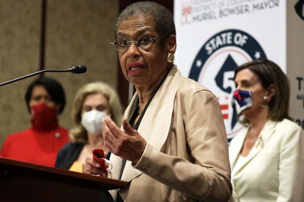 PHOTO: U.S. Rep. Eleanor Holmes Norton speaks as DC Mayor Muriel Bowser, Rep. Carolyn Maloney, and Speaker of the House Rep. Nancy Pelosi listen during a news conference on District of Columbia statehood June 25, 2020 on Capitol Hill in Washington, DC.