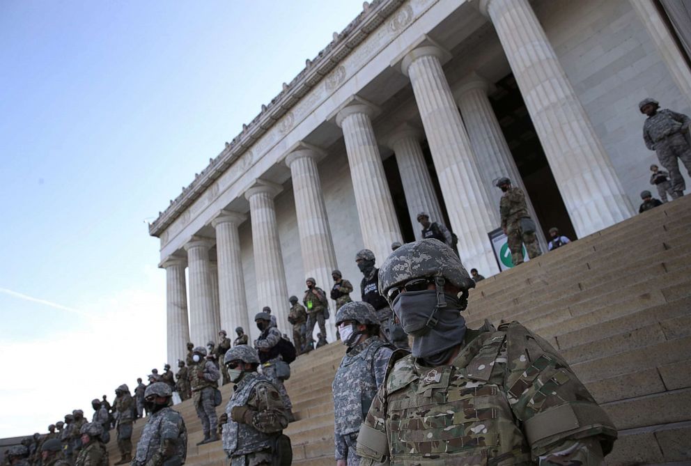PHOTO: Members of the D.C. National Guard stand on the steps of the Lincoln Memorial monitoring demonstrators during a peaceful protest against police brutality and the death of George Floyd, June 2, 2020, in Washington, D.C.